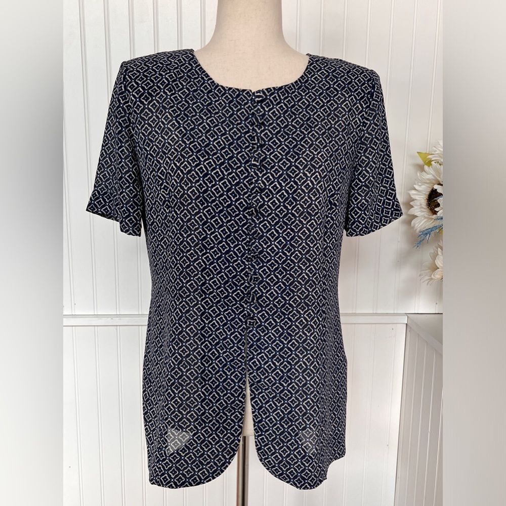 Blue Polka Dot Diamond Pattern Blouse Size 8P